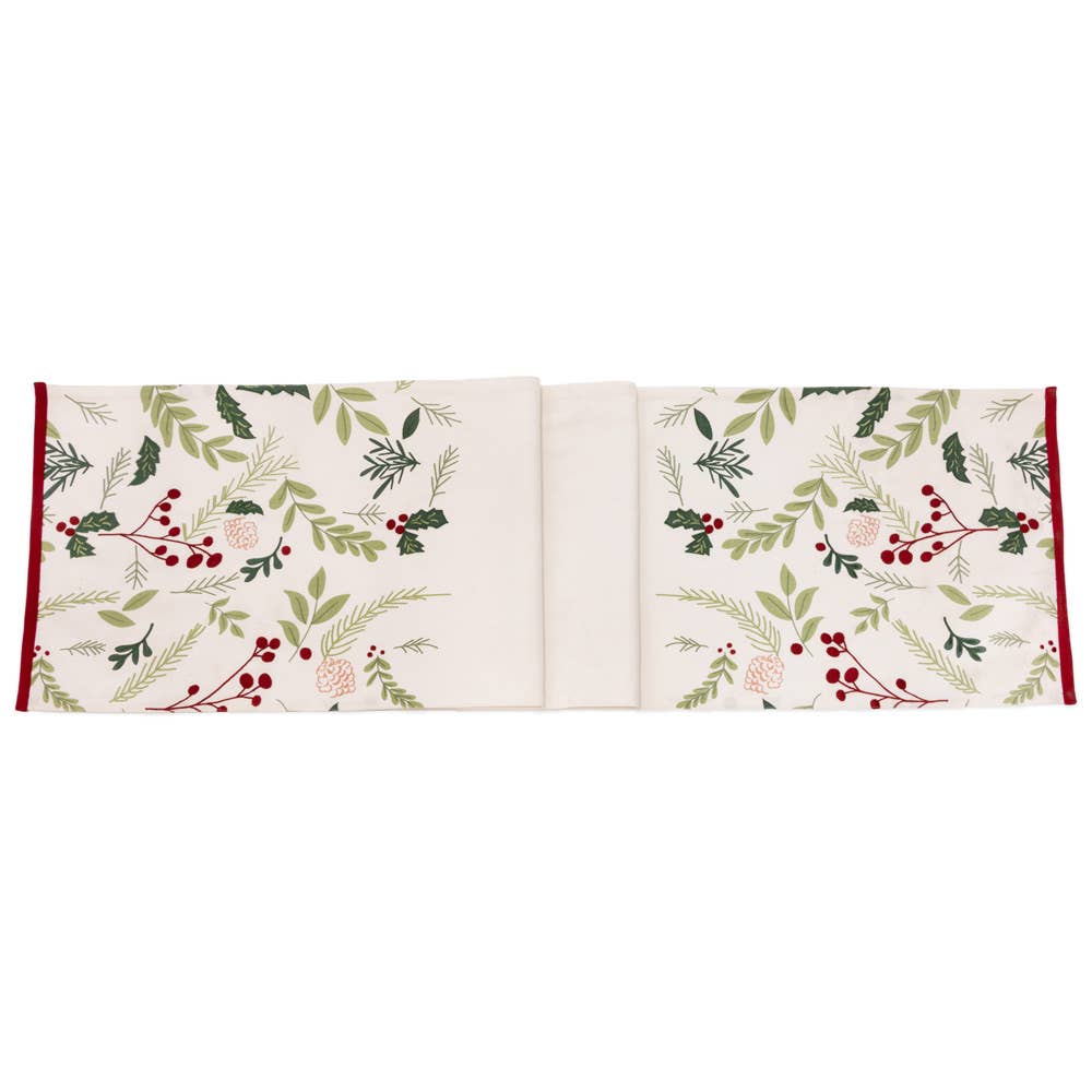 72" Long Holly & Berries Cotton Table Runner Christmas