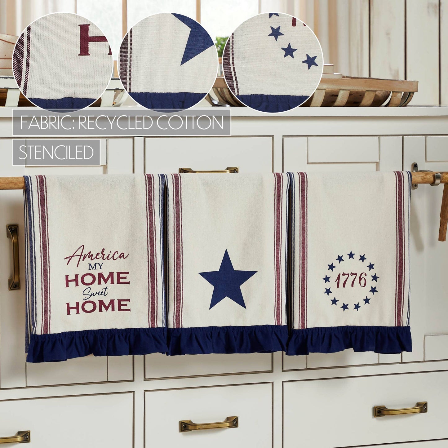 Americana Ruffled Tea Towels Set of 3 16x28 Patriotic