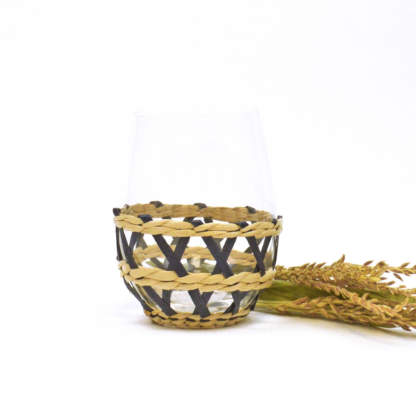 Navy Rattan Stemless Wine Glass