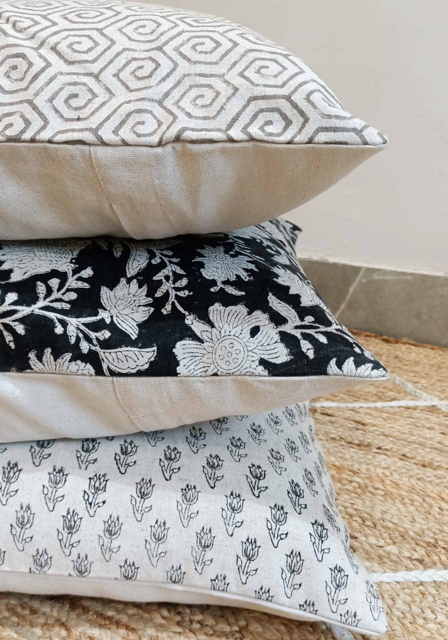 Hand block printed pillow cover with insert