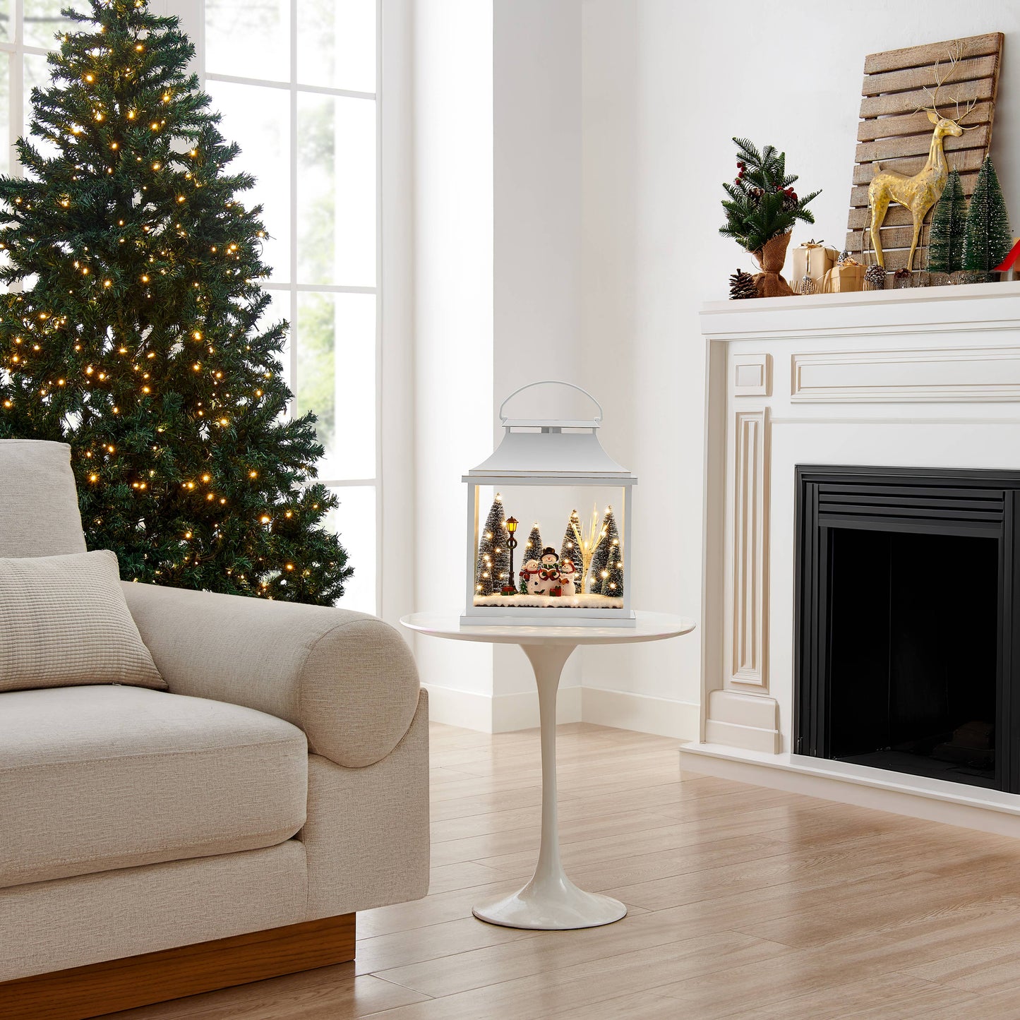 White Christmas Holiday Scene Lighted Lantern Decoration