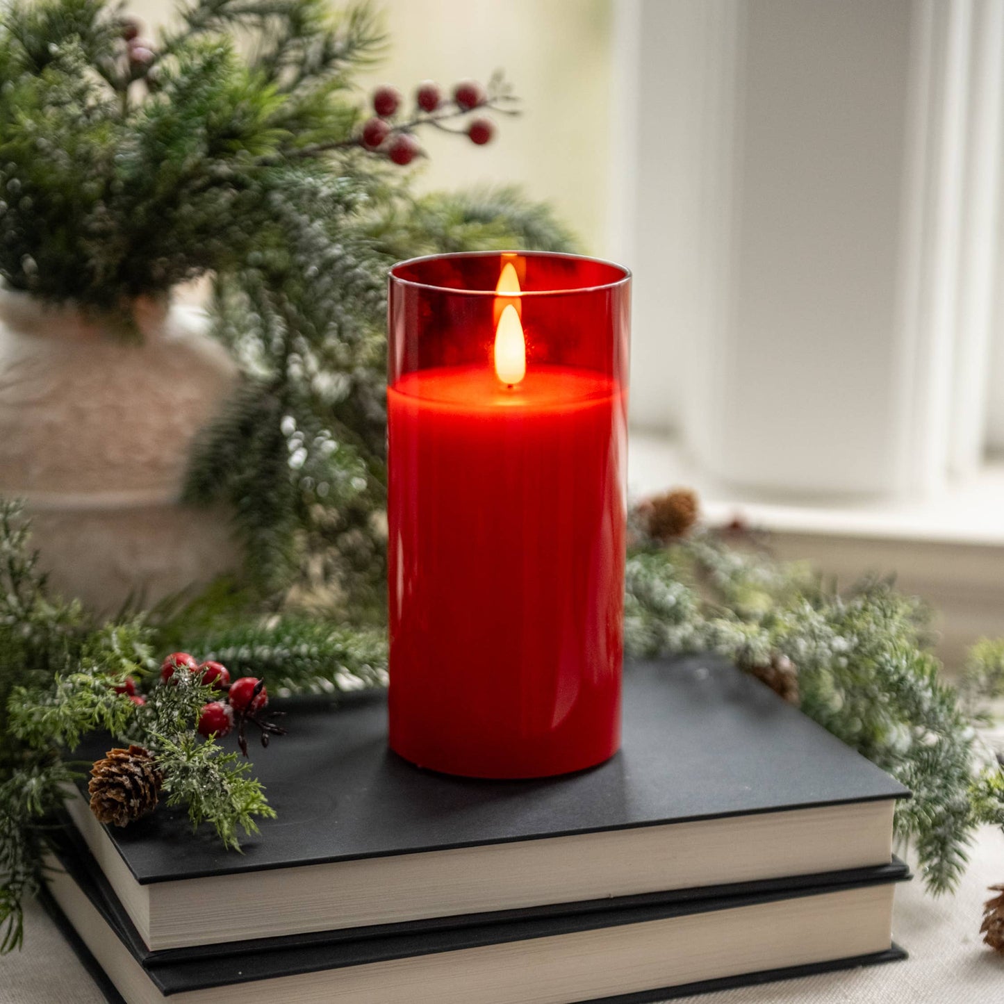 6" RED GLASS 3D FLAME CANDLE