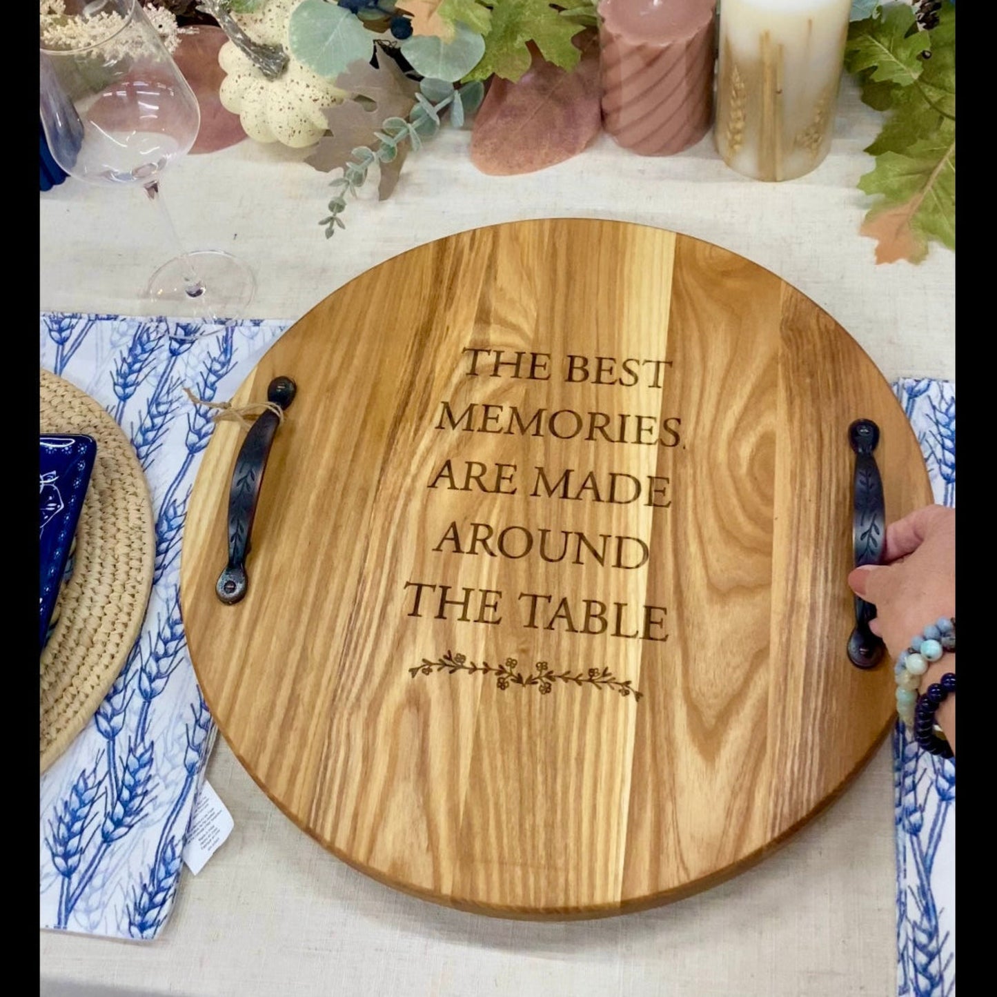 Reclaimed Wood Lazy Susan with Handles | Custom Engraving Available