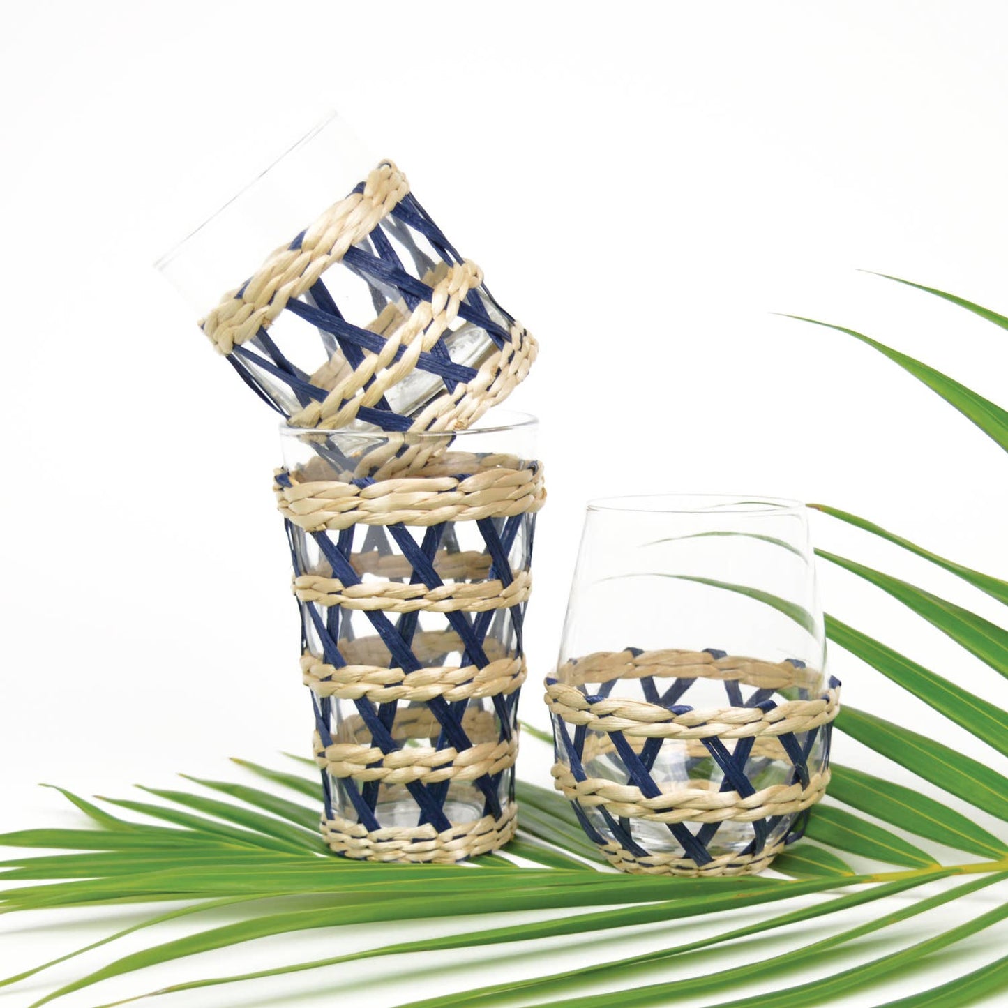 Navy Rattan Stemless Wine Glass