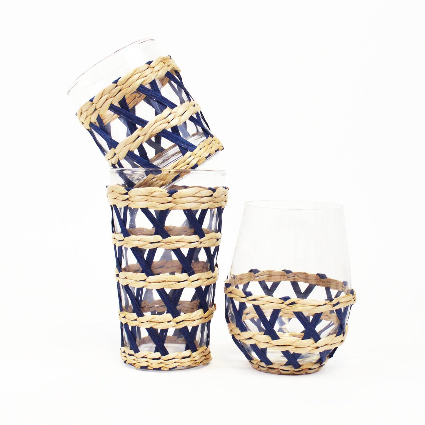 Navy Rattan Stemless Wine Glass
