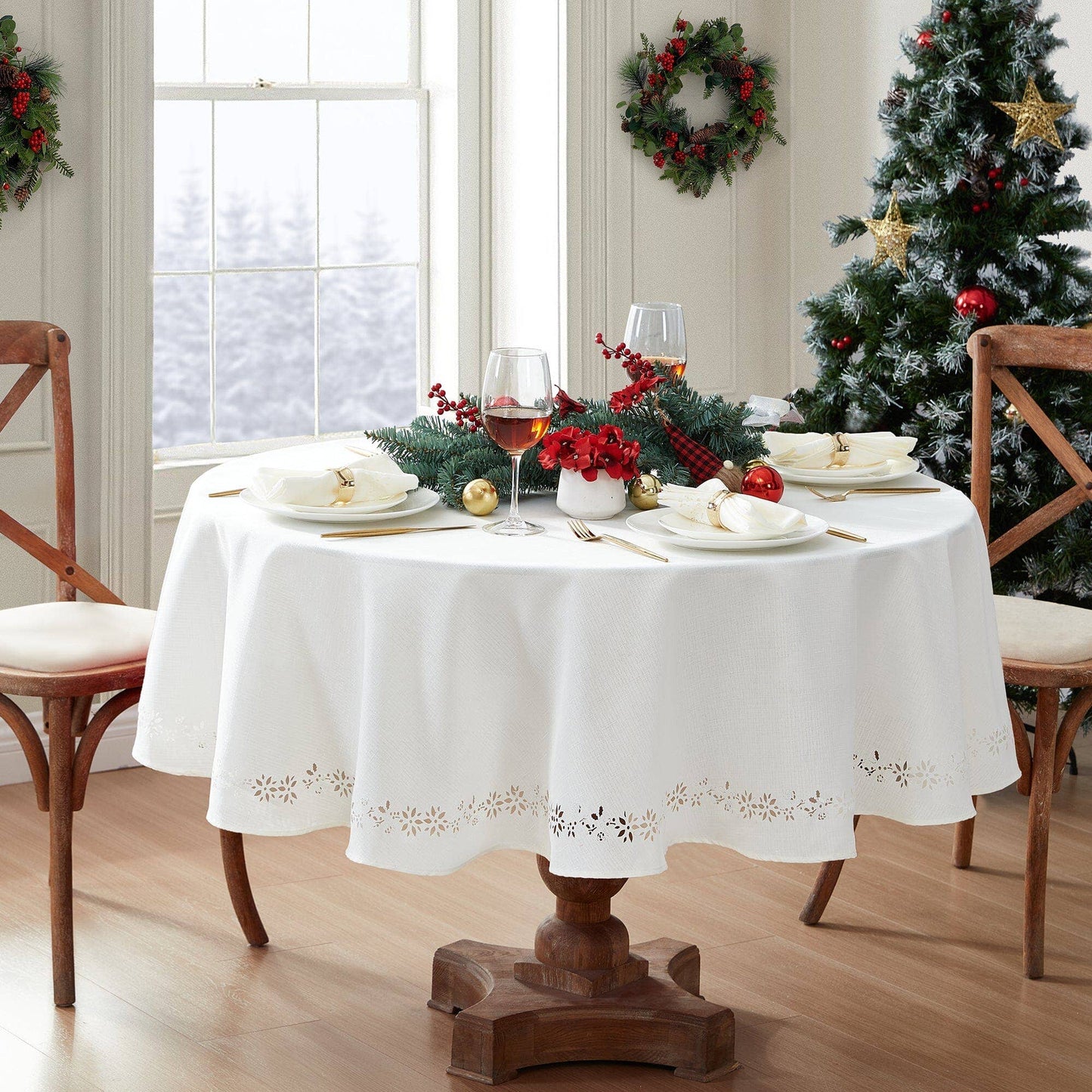 Poinsettia Noel Laser Cut Holiday/Christmas Tablecloth