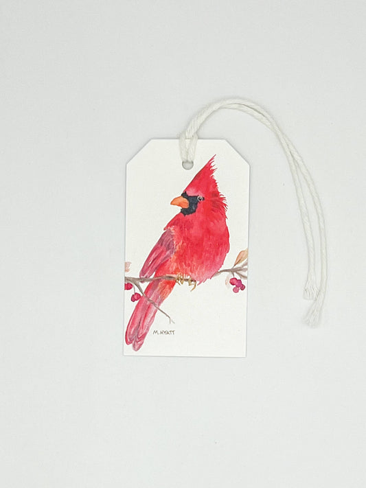 "Red Cardinal"  watercolor Holiday gift tag