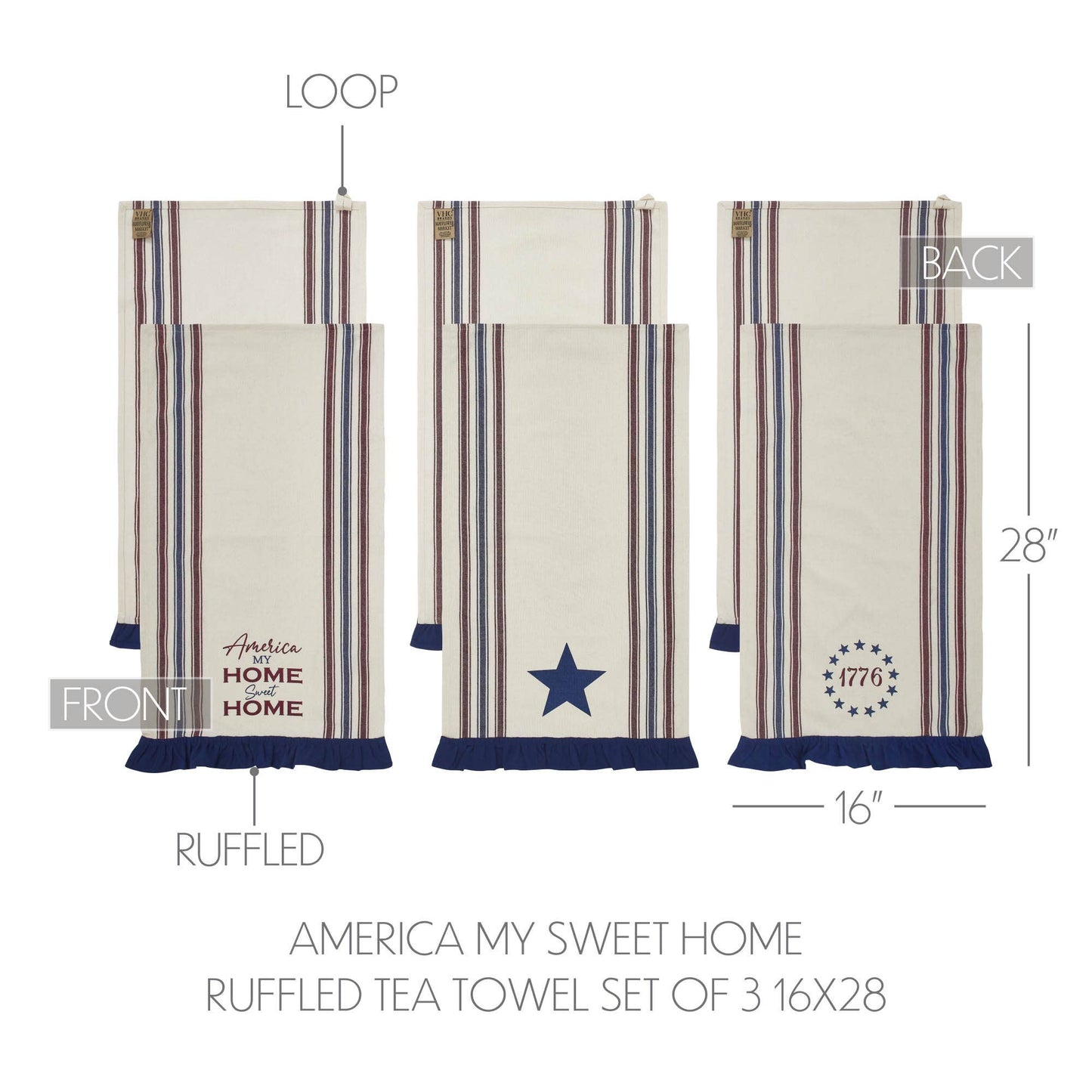 Americana Ruffled Tea Towels Set of 3 16x28 Patriotic